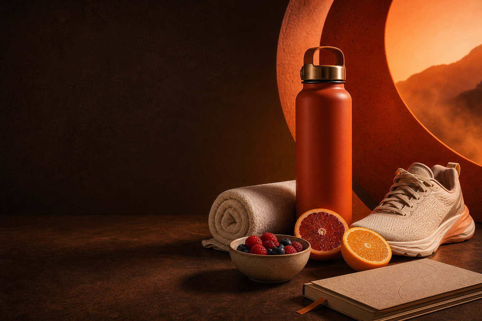 Wellness essentials in a warm ember-lit studio