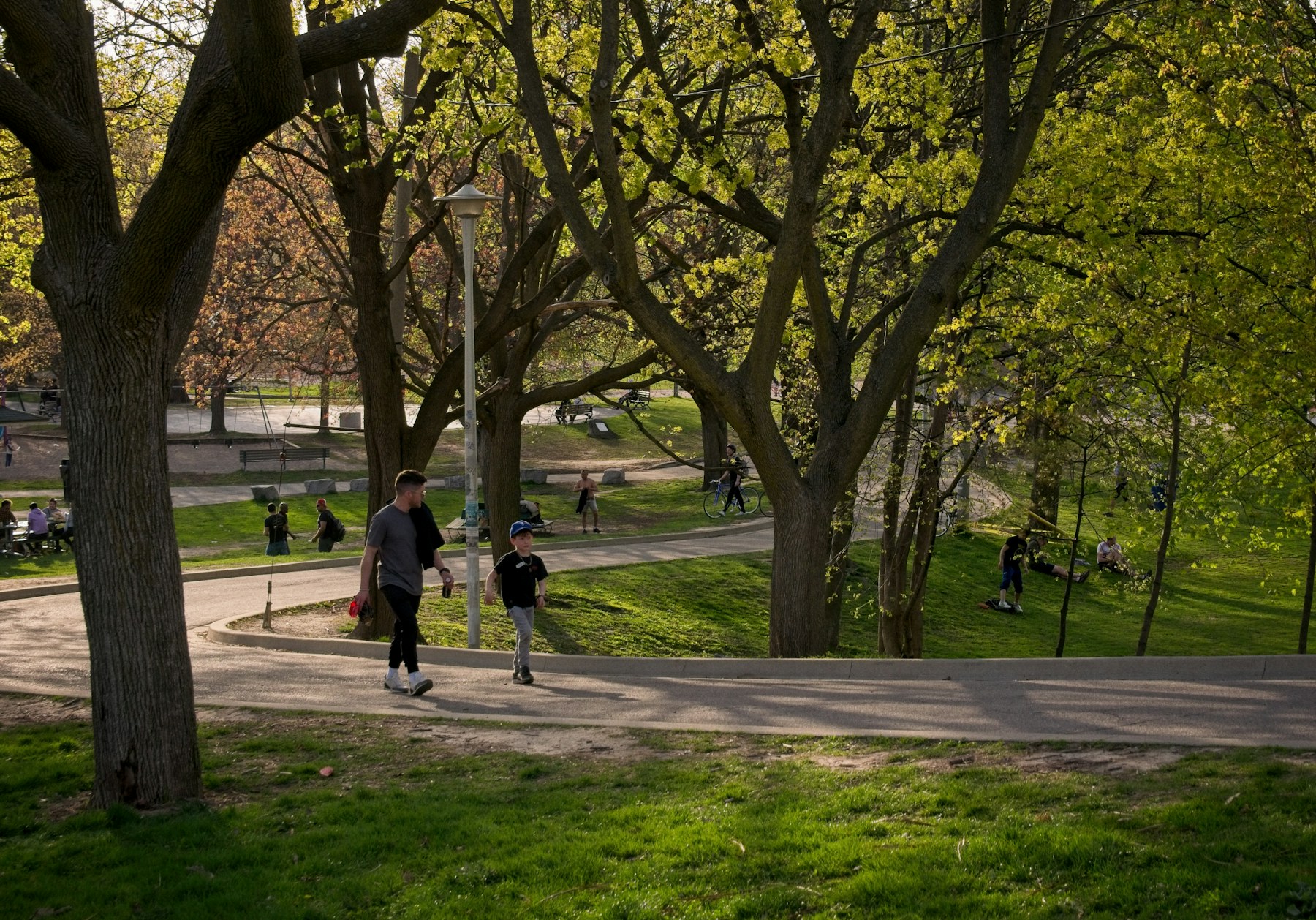 People taking an everyday walk along a green tree-lined park path